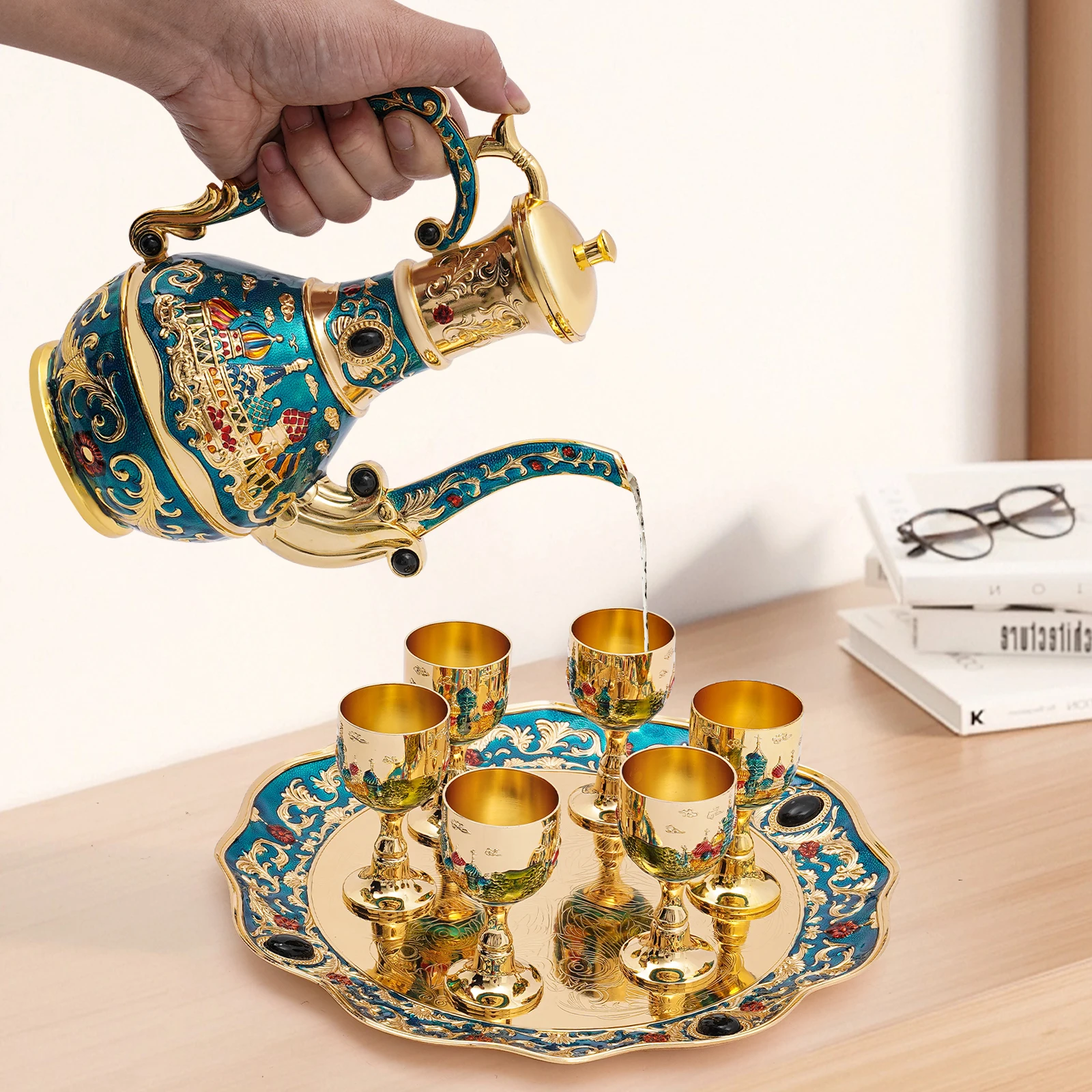 

Винтажный набор турецкого кофе и чайника с подносом и 6 чашками, предметы интерьера, свадебные украшения, подарок для женщин, идеально подходит для чаепития