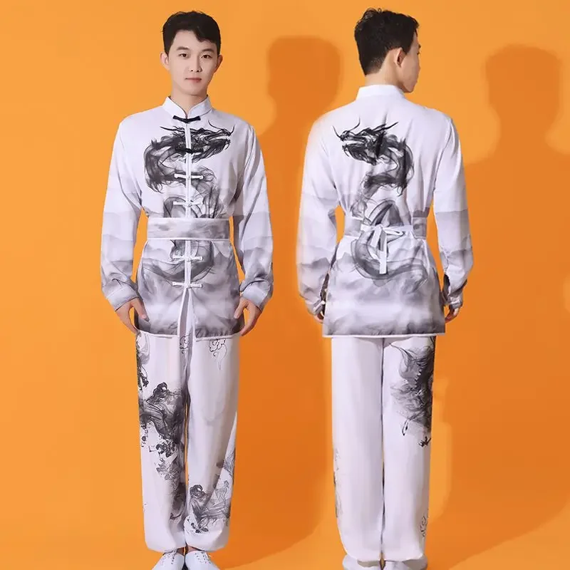 

Chinese Style Men Classic Warrior Tracksuit temperament Ink Printing Tai Chi Exercise Set Dragon Lion Dance Performance Set
