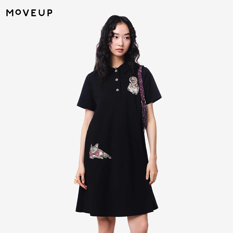 

MOVEUP Short Sleeves Polo Collar Dress 2026 Summer New Fun Cat Embroidered Pure Cotton Casual Commuting Knitted Dress 3ELX11331