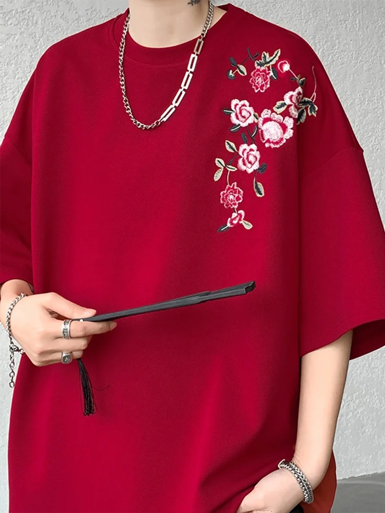 

Мужская футболка Red Ort Sve T-irt, новая, с китайской вышивкой, из хлопка, летняя, модная, бренд Haome, с маленьким воротником, плотная, для фитнеса