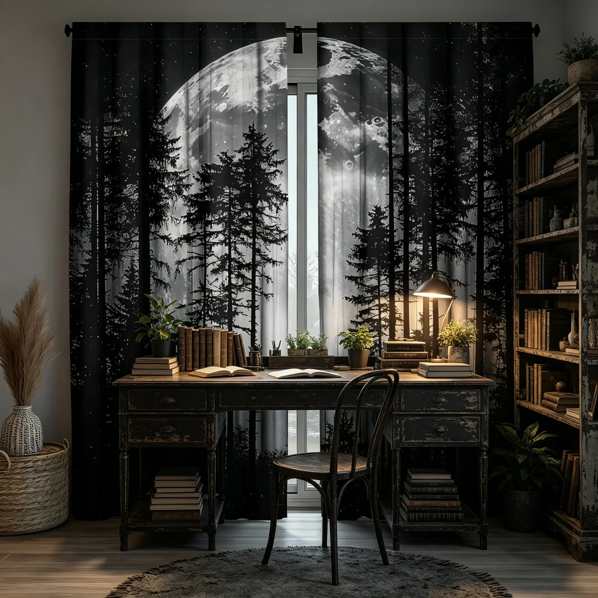 2-Pack Gothic Forest Curtains Black Tree And Starry Fog Design Semi-Transparent Polyester Fabric Pole Pocket Hanging Machine Was