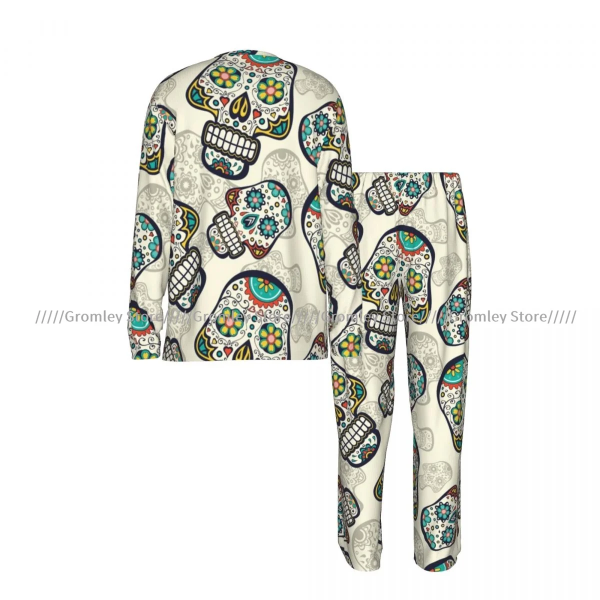 Men's Sleepwear Set Colorful Sugar Skulls Long Sleeve Top and Long Pants Pajamas Male Home Loungewear Nightwear