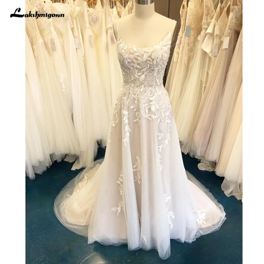 Lakshmigown Boho V Neck Ivory Wedding Dresses For Women Classic Applique Elegant Lace Sweep Train Bridal Gowns With Soft Tulle