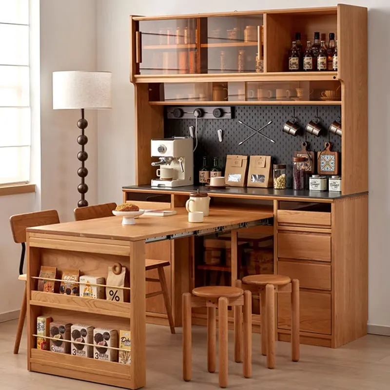 Cherry wood dining side cabinet, simple folding dining table integrated, small apartment all solid wood hidden wall side cabinet