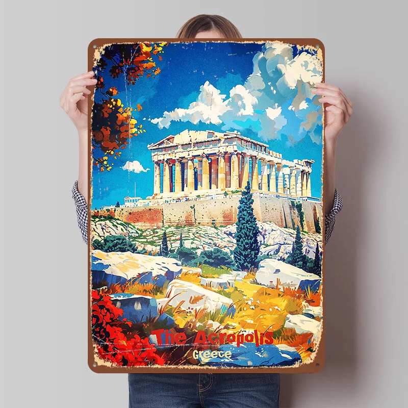 The Acropolis Greece Travel Printed Poster Customized Retro Wall Art Vintage Metal Tin Signs for Home Man Cave Garage Decoration