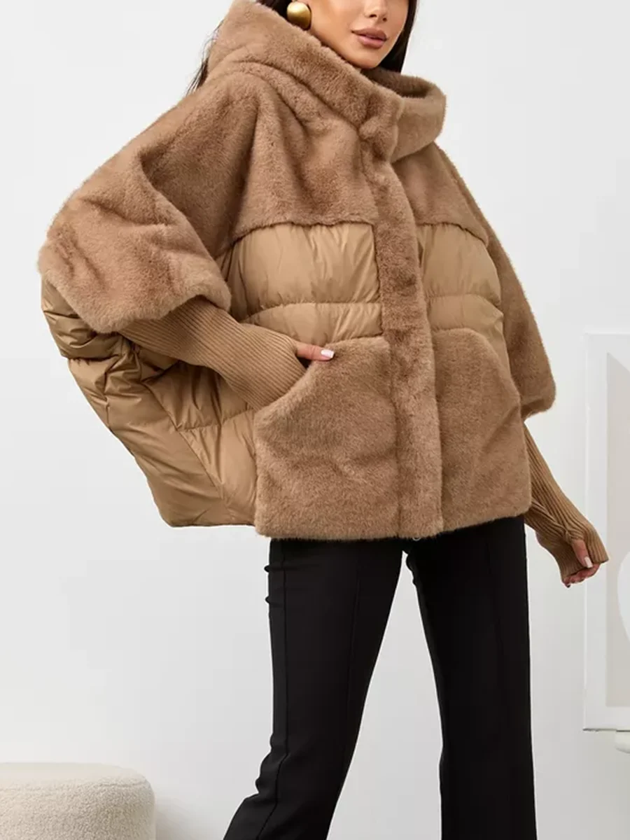 LIMO Women Hooded Faux Fur Patchwork Puffer Jacket Knit Cuff Winter Warm Quilted Outerwear