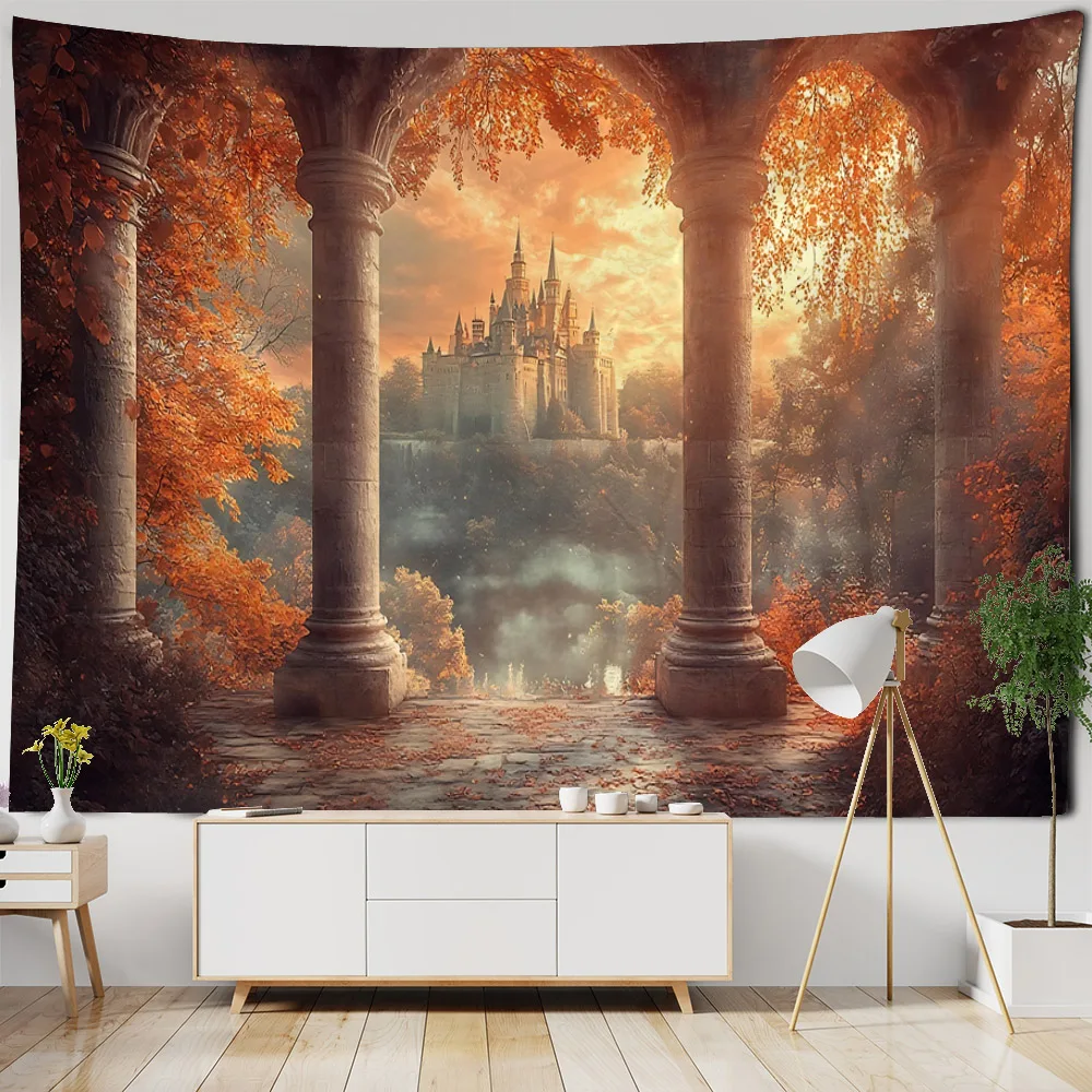 Dreamy castle background wallpaper, bedroom tapestry, cartoon decoration, hippie aesthetic home wall hanging, yoga mat
