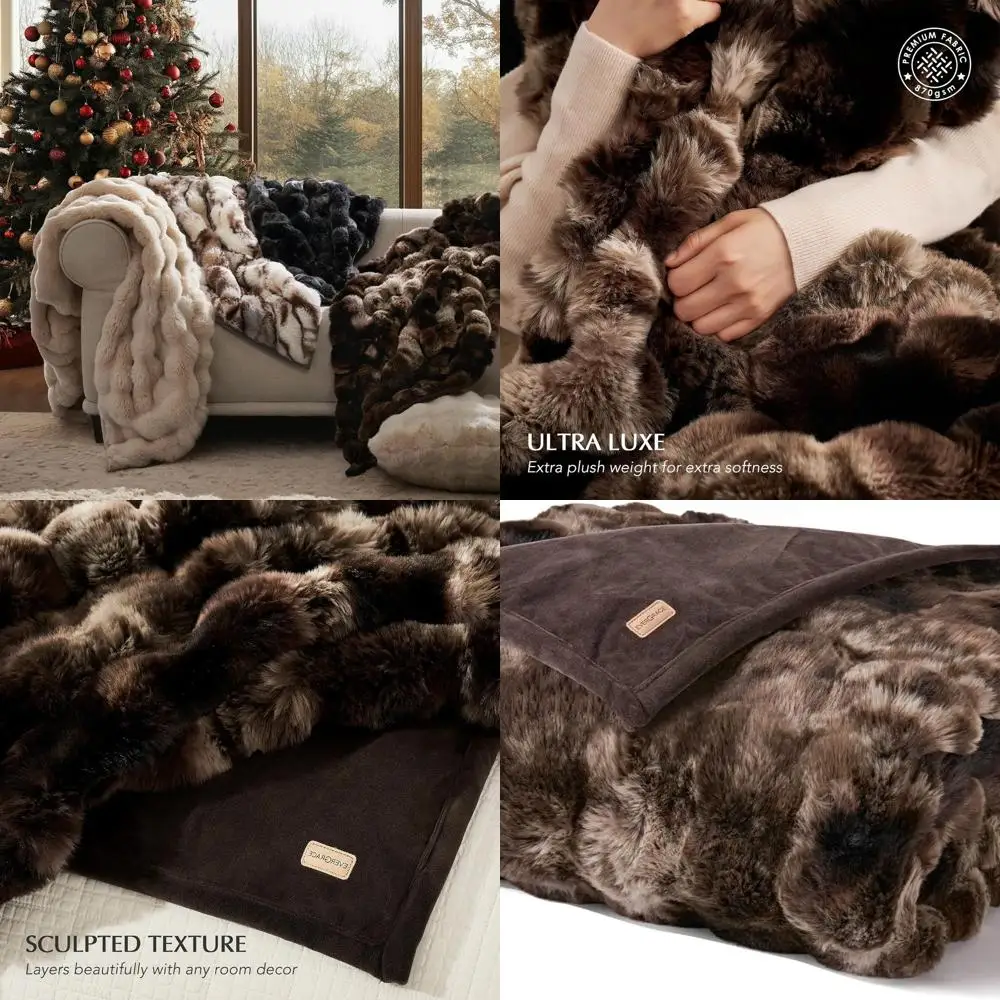 

Cozy Mocha Brown Faux Rabbit Fur Throw Blanket, 60x80, Plush Reversible for Bed, Couch, Sofa