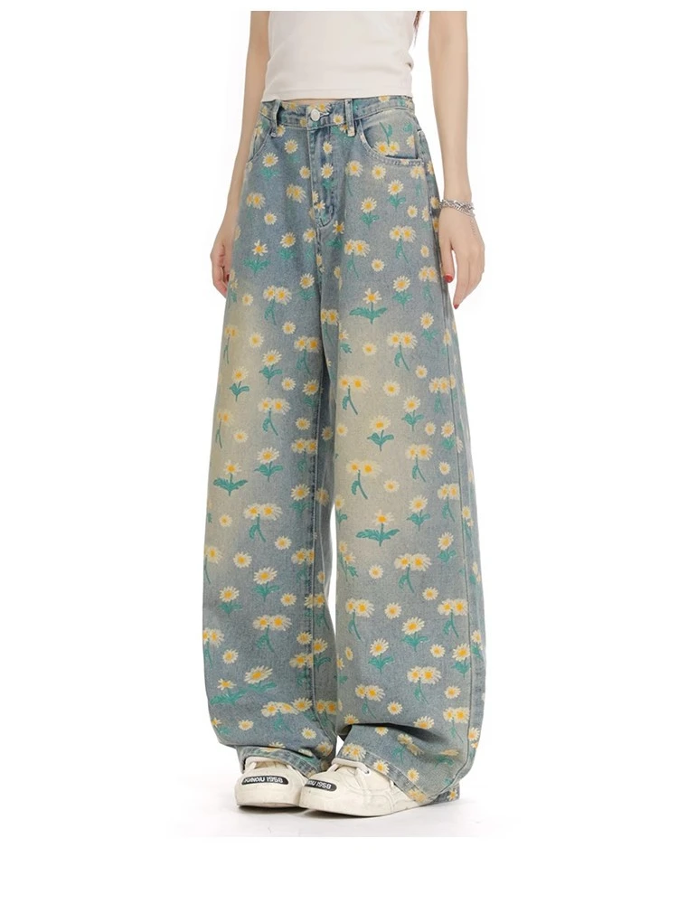 Denim jeans met chrysanthemumprint voor dames, blauwe jeans, coole meisjesbroek, casual bodems, vrouwelijke denimbroek met hoge taille en wijde pijpen