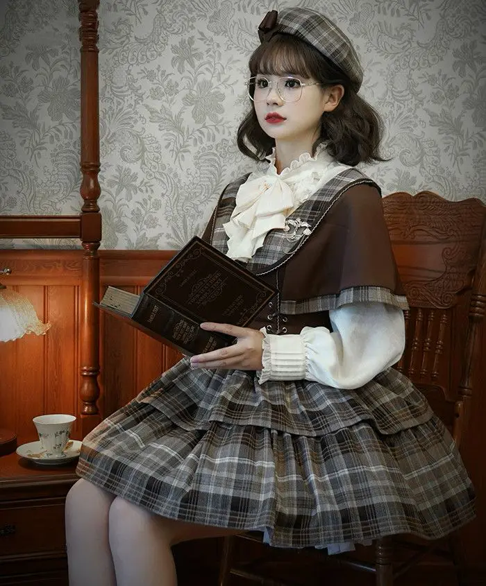 Coalfell Lolita Detective Academy Style Maillard Retro Bow Tie Long Sleeved Shirt for Women Paired with Lolita Top