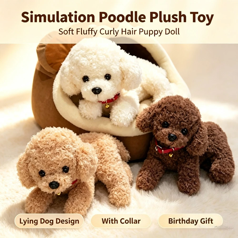 Simulation Poodle Plush Toy Soft Fluffy Curly Hair Puppy Doll Lying Dog Stuffed Animal with Collar Birthday Gift