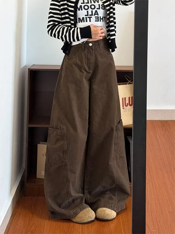 

Американские рабочие джинсы с высокой талией и широкими штанинами для женщин, осенне-зимние, свободные, повседневные, прямые, в пол