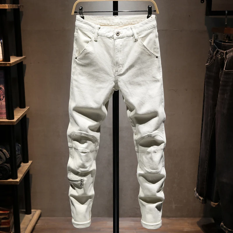 

Street Fashion Designer Men Jeans Beige White Stretch Slim Fit Spliced Patched Denim Cargo Pants Hombre Hip Hop Biker Jeans Men