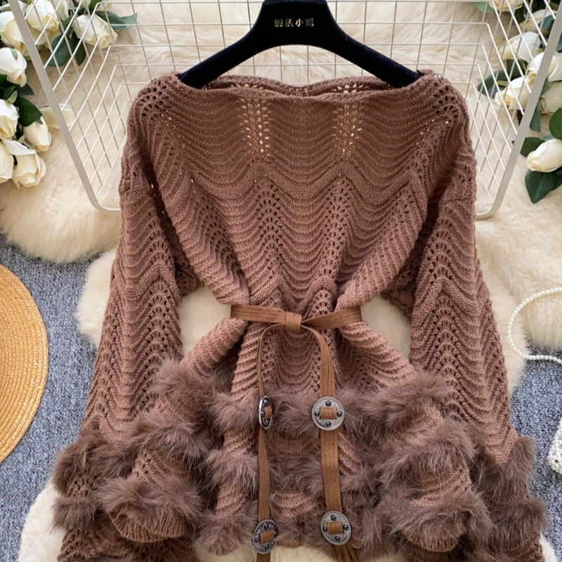 

Woman Hollow Knitted Sweater Mao Mao Splicing Solid Knitting Blouse Long Sleeve Pullover Blouses Female Lady Beach Club Outfit