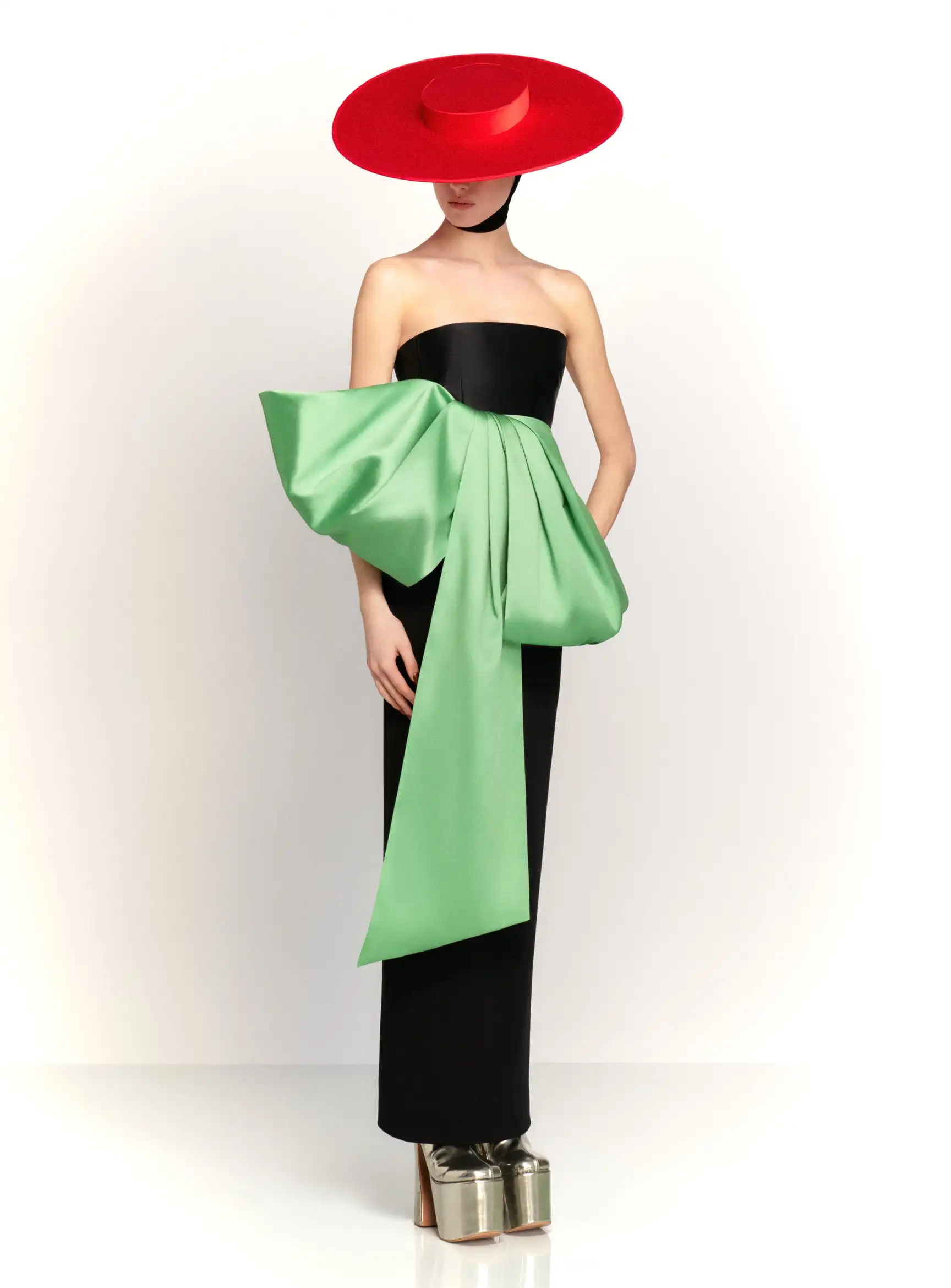

Couture Long Party Dresses Bow Handmade Straight Back Split Women Maxi Dress Strapless Black Green Prom Gowns Off Shoulder