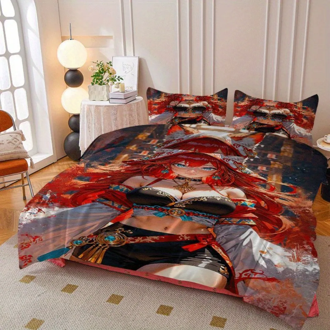 طقم غطاء لحاف مطبوع عليه رسوم متحركة Firefox Girl مكون من 2/3 قطعة، مجموعة غطاء لحاف تحتوي على غطاء لحاف وغطاء وسادة - مثالي لغرفة النوم،