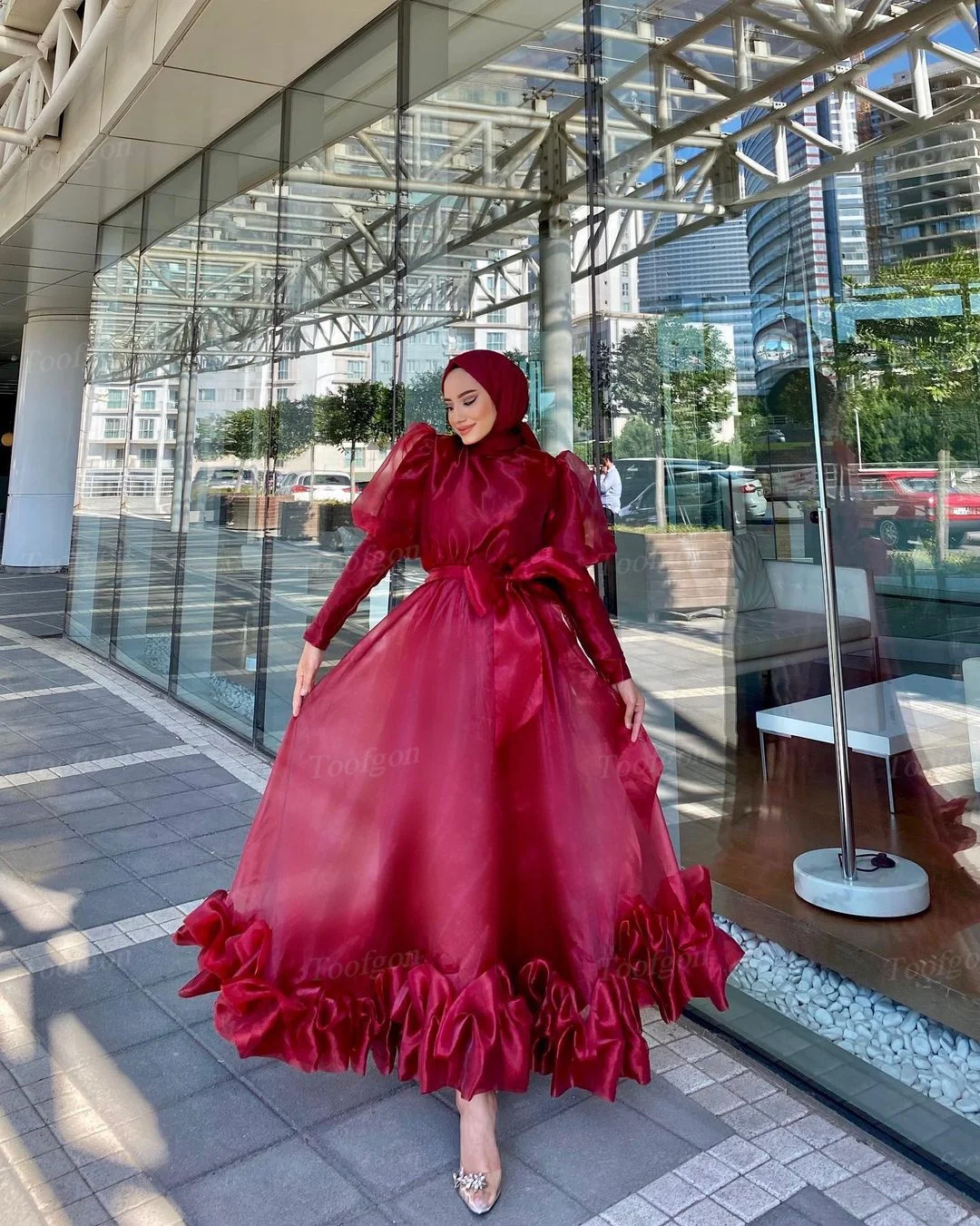 Toofgon Modest Burgundy Organza Prom Dresses Long Sleeves Midi Pleated Customized Formal Evening Gowns Birthday Party Dress