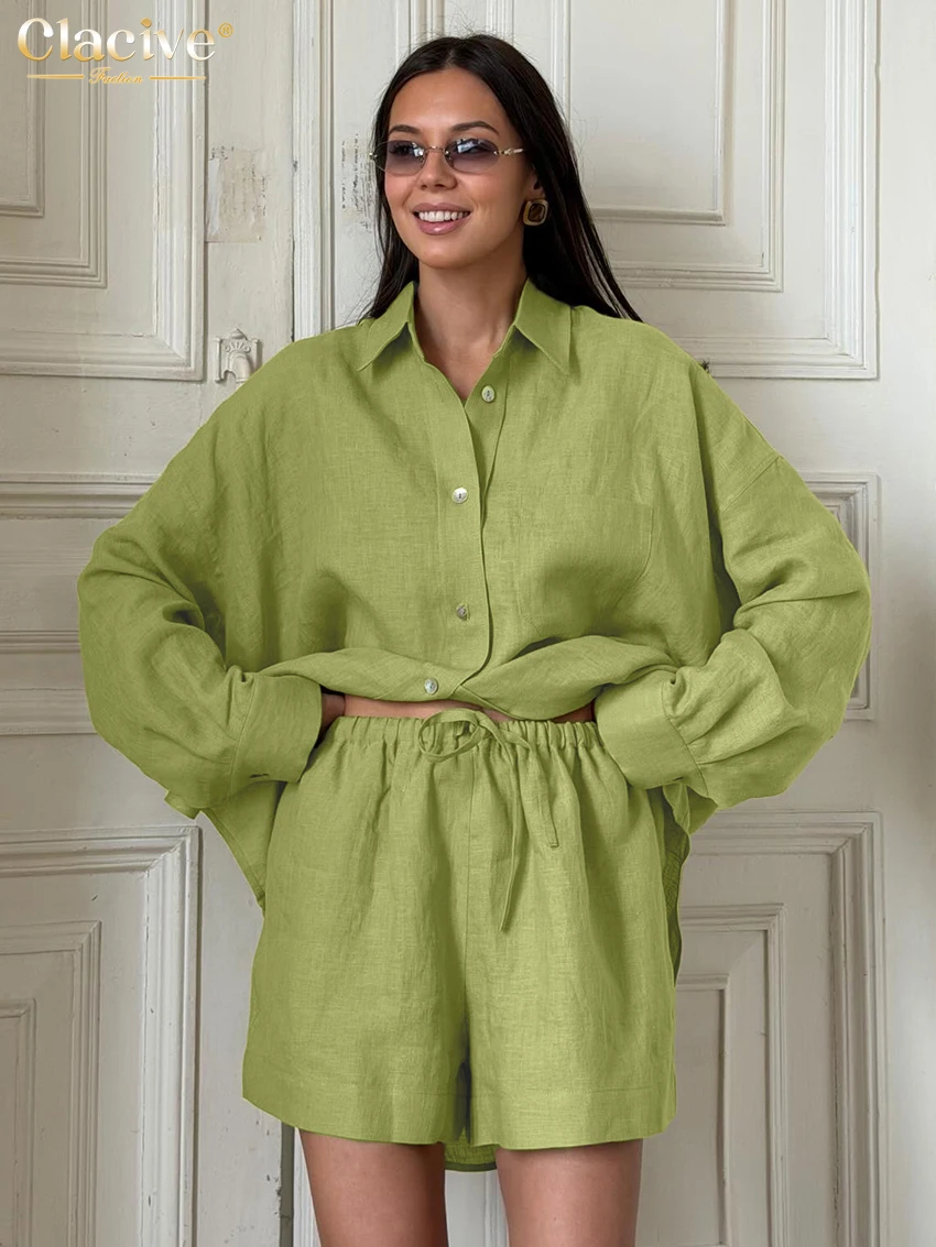 

Clacive Fashion Loose Green Cotton 2 Piece Set Women 2026 Elegant Long Sleeve Shirt With High Waist Shorts Set Female Clothing