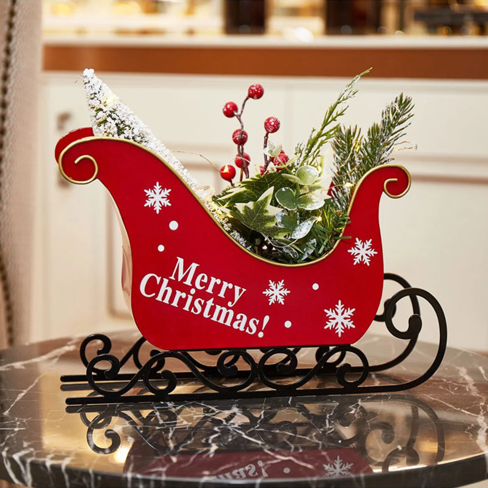 2024 Christmas Decorations, Metal Sleigh with Christmas Tree LED Lights, Home Xmas Desktop Ornament 2025 New Year Gift for Kids