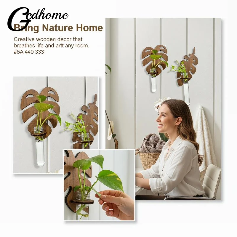 Modern Wooden Monstera Planter with Wall Hanging Feature and Hydroponic Test Tube for Home Decor
