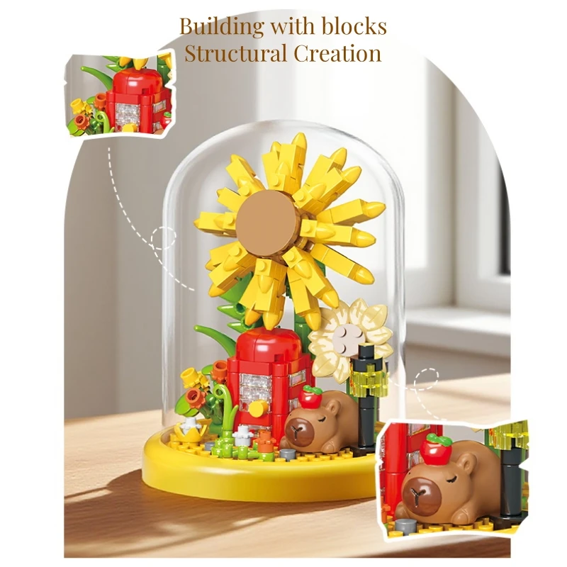 كابيبالا المناظر الطبيعية اللبنات المنزل الحلي الحبيبية الصغيرة تجميع اللعب عباد الشمس توليب الوردي زهرة أبدية نموذج هدية