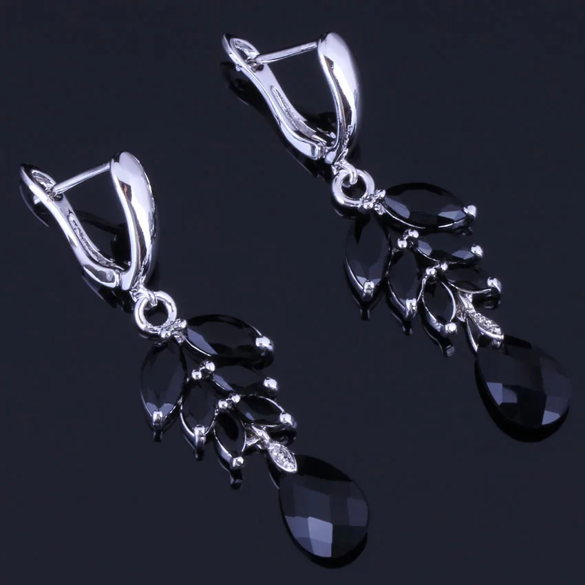Flawless Water Drop Black Cubic Zirconia Silver Plated Drop Dangle Earrings V1007