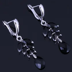 Flawless Water Drop Black Cubic Zirconia Silver Plated Drop Dangle Earrings V1007