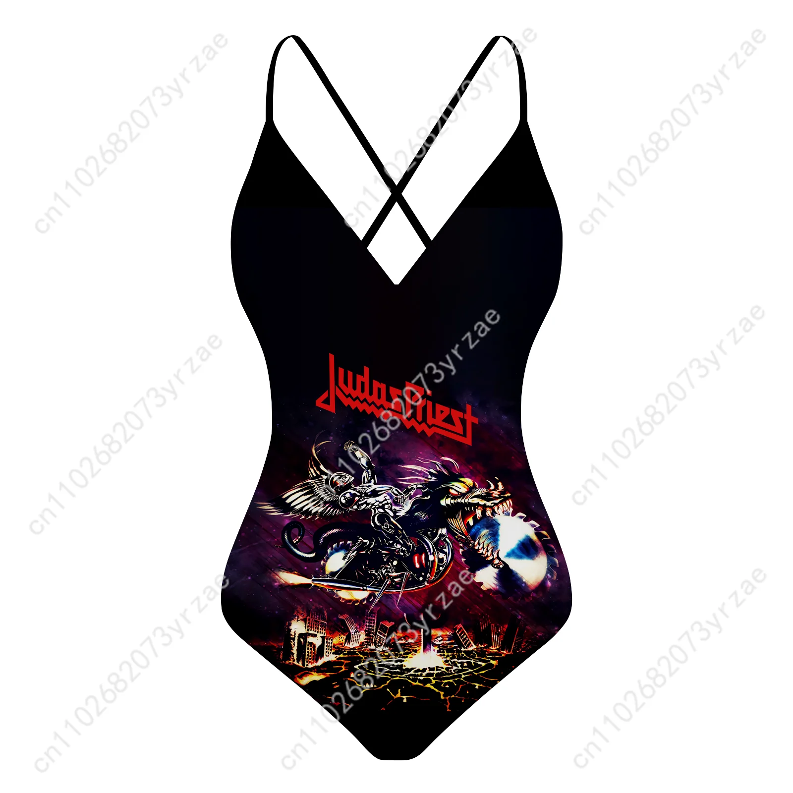 Judas Priest V-neck Halter Back Swimsuit Womens Bathing Suits Pool Party Swimwear Fashion Sexy Bikini Custom Made Bathing Suits