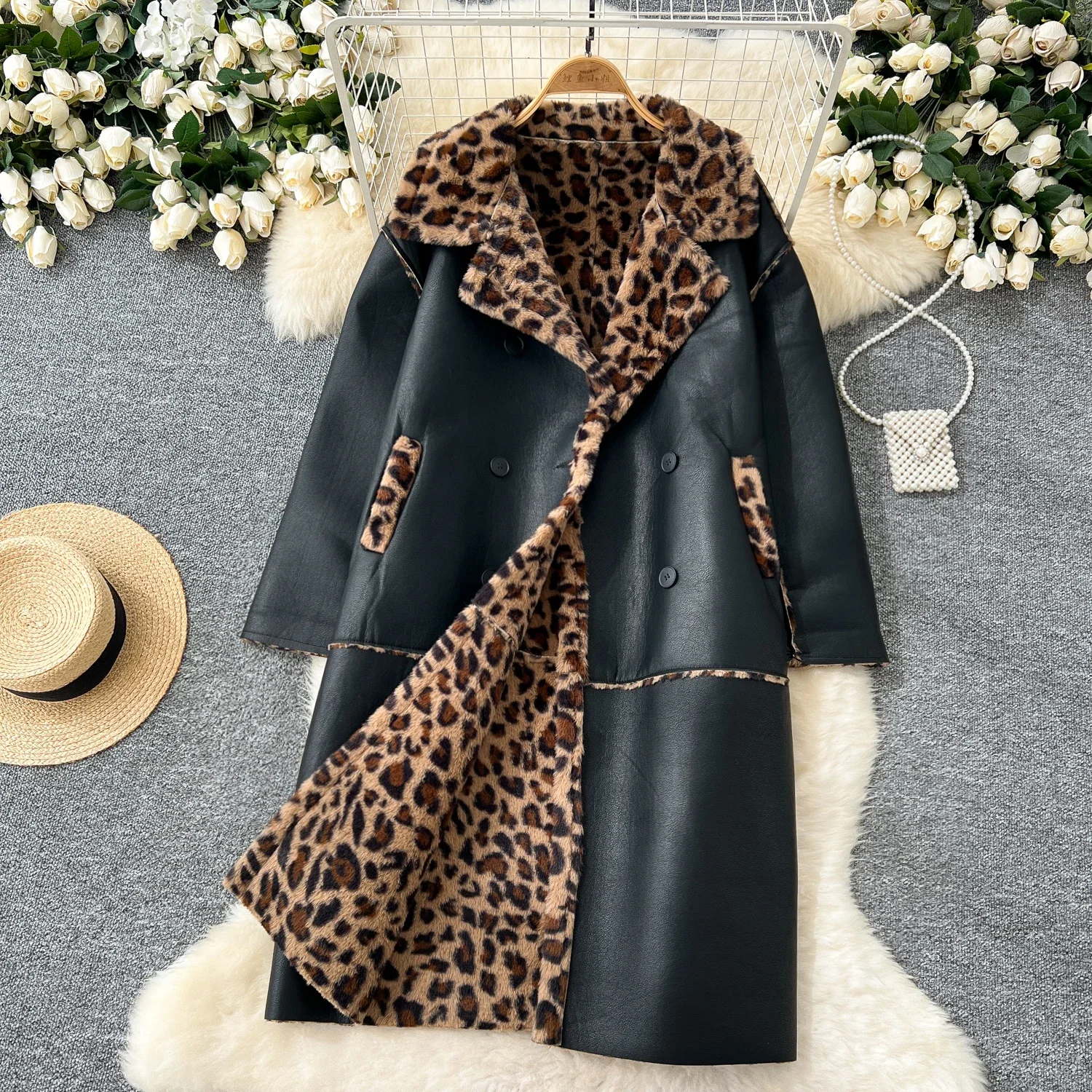 

Vintage Turn-down Collar Elegant Long Sleeve Chic Leopard Button Basics Pockets Coat Fashion Office Lady Women Winter Clothing