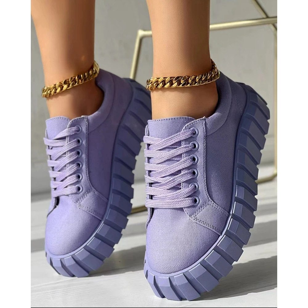 Spring Women Eyelet Lace-up Platform Canvas Sneakers Women Casual Daily Solid Color Flats Sports Shoes Korean Style Autumn