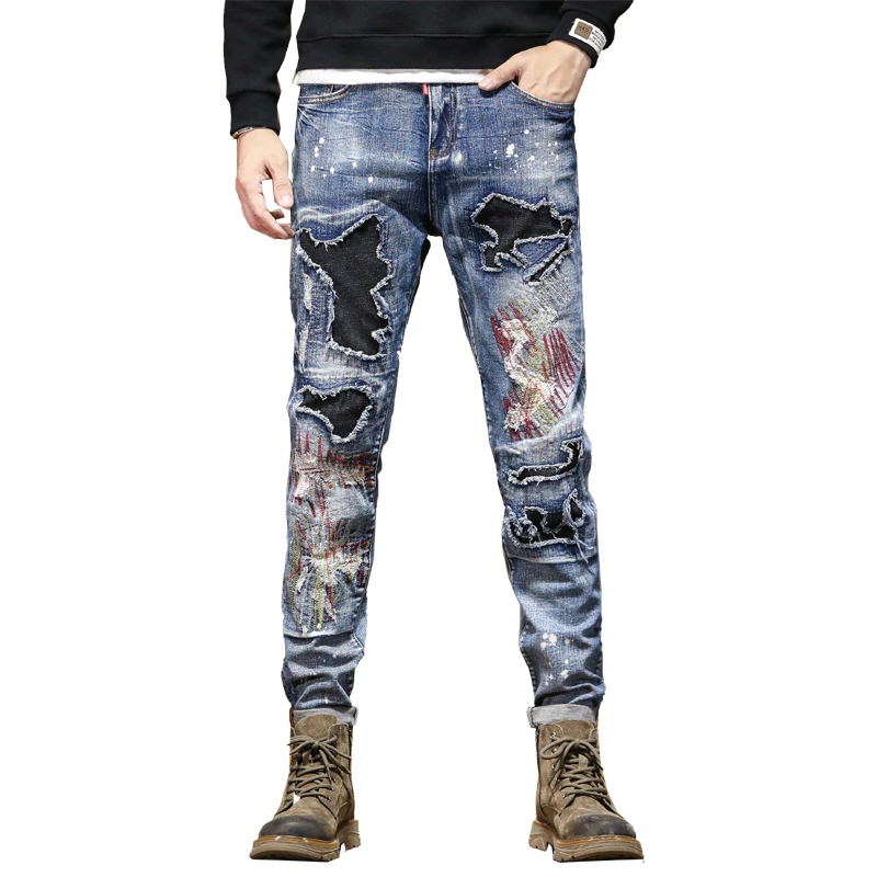 Street biker high-end men's jeans personalized color collision splicing embroidery men's pants small straight pants