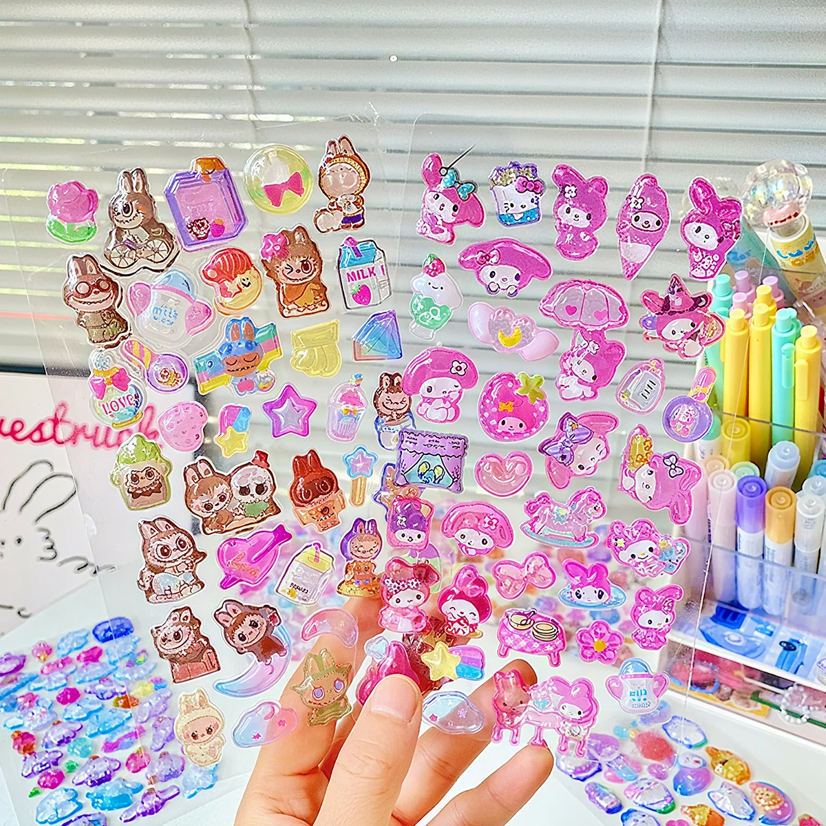4 Pcs Mix Sanrio Cartoon Stickes Capybara Kuromi 3D Stereo Crystal Sticker Handbook DIY Material Sticker