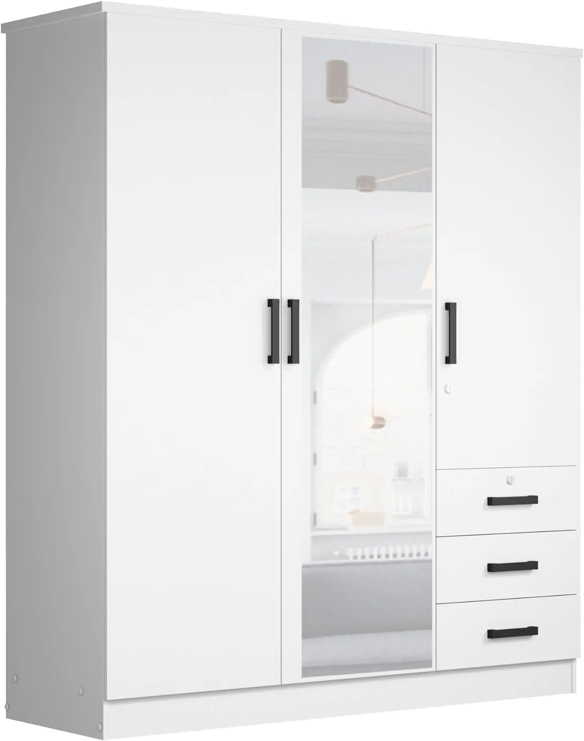 Violet Wardrobe Mirrored Door Closet 3 Doors And 3 Drawers (White)