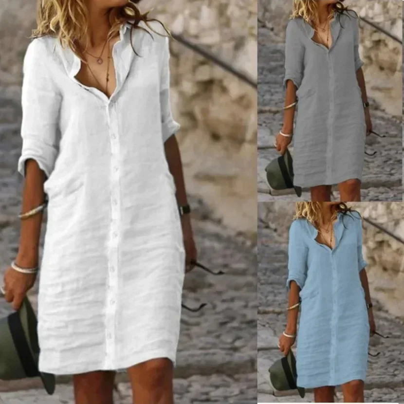 White Spring Cotton Linen Women's Mini Dress Half Sleeve Elegant  Female Trendy Autumn Casual Clothes Office Lady Shirt Dresses