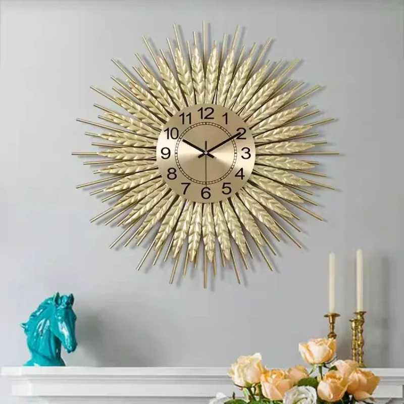 Horloges murales en métal grand format motif épi de blé, luxe, 60/70cm, dorées, silencieuses, symbolisant la récolte, la prospérité, le bonheur, l'unité, l'amitié, la vitalité, l'espoir