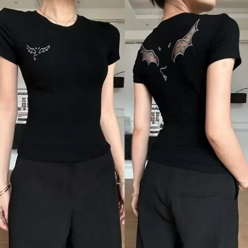 American Bat Print Short Sleeve round Neck T-Shirt Women's Summer New Pure Desire Slimming Design Short Top Casual Style