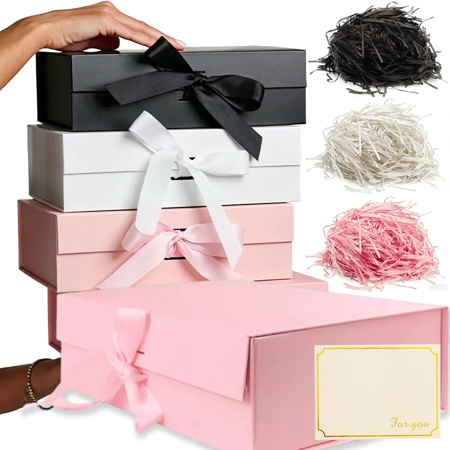 1 Set Luxuriöse Magnetische Geschenkbox & 10g Lafite-Gras & Grußkarte, Faltbare Verpackungsbox für Hochzeit Festival Geburtstag XJM