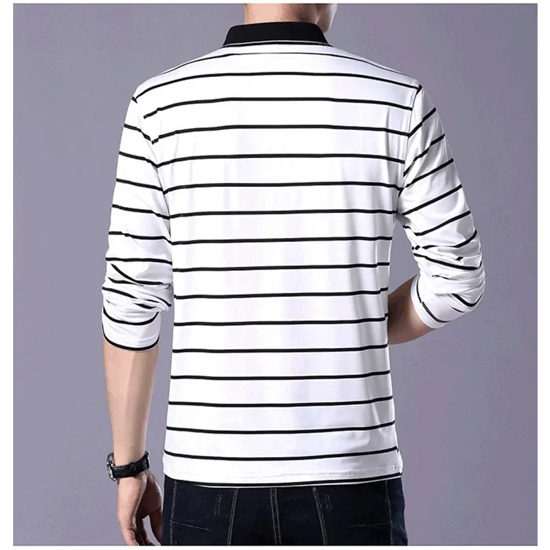 TFETTERS New Arrival 2024 Spring Autumn Men T-shirt Long Sleeve Casual Turn-down Striped T shirt Men Slim Fit Cotton Tops