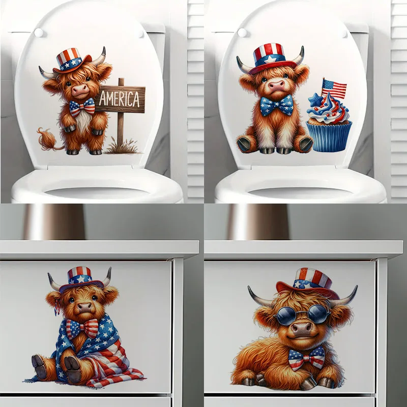 

Watercolor Patriotic Highland Cows 1pc Toilet Stickers,Wall Decal Removable, Reusable Vinyl Car Sticker for Toilet Lid, Bathroom