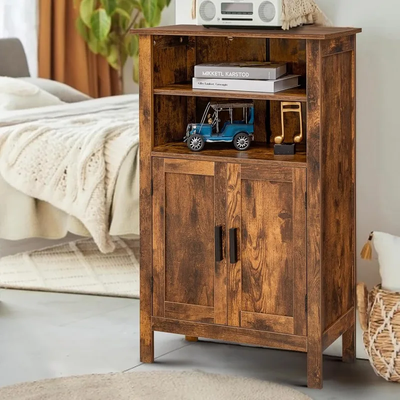 Storage Cabinet with Adjustable Shelves, Retro Floor Storage Cabinet with 2 Doors and Open Shelf, Cupboard for Living Room,