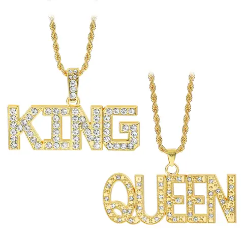 Men's Hip Hop King Queen Pendant Necklace Full Rhinestone Bling Iced out Cuban Link Chain Fashionable Jewelry Gift
