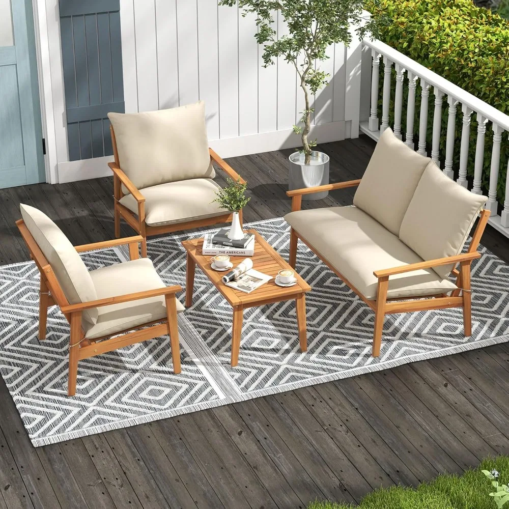 

4 Pieces Garden Sofa Set, Outdoor Acacia Wood Conversation Set with Soft Cushions and Coffee Table, Outdoor Sectional Sofa Set