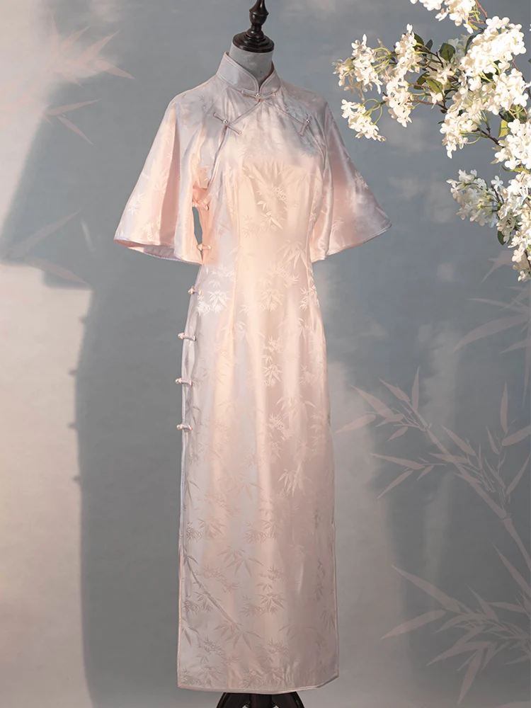 

Молодежное шелковое платье в ретро-стиле с низким разрезом, модное, роскошное, с бамбуковым узором, для свадьбы