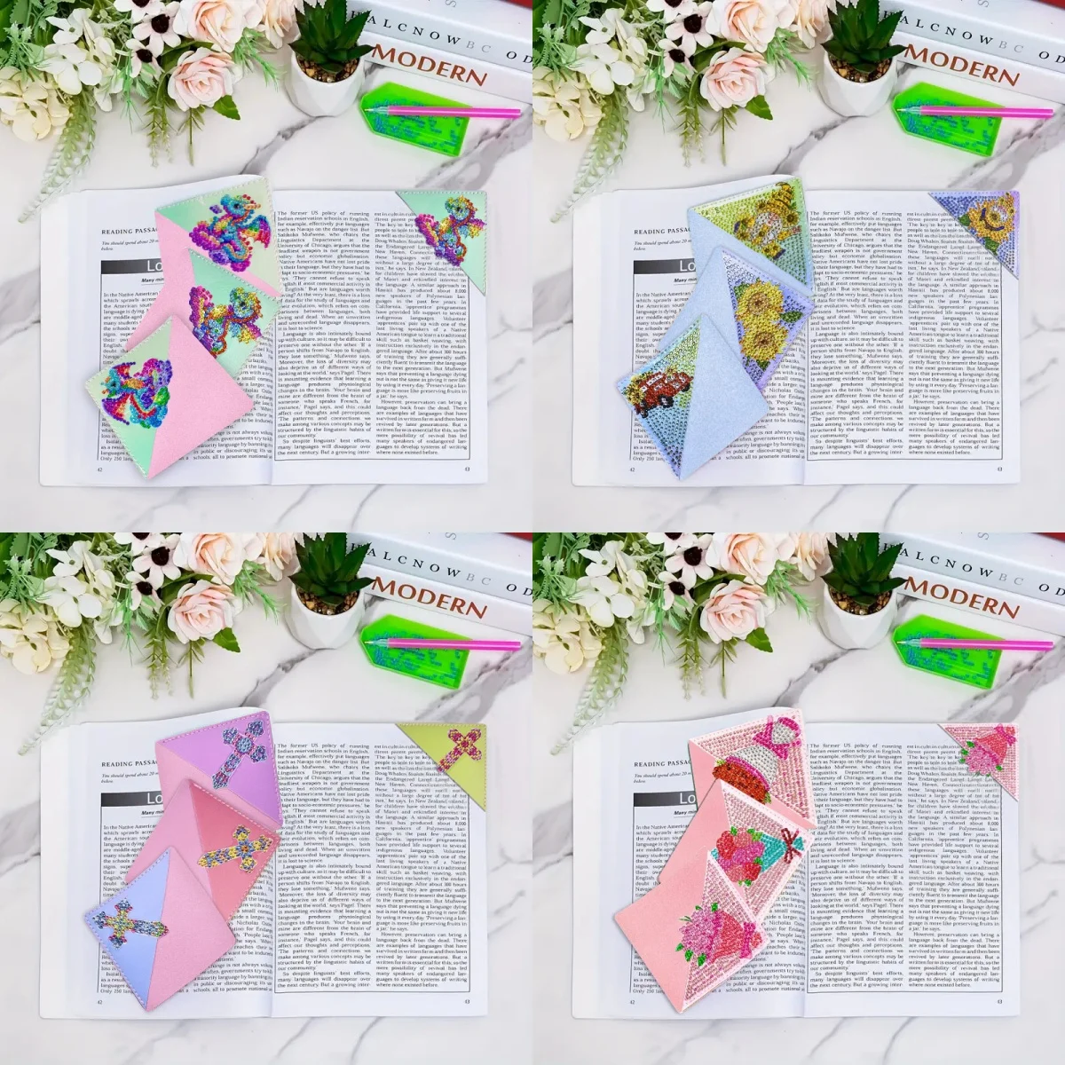 4 pieces of diamond painting Mosaic painted crystal DIY dragon, bouquet pattern bag corner bookmark, convenient and practical