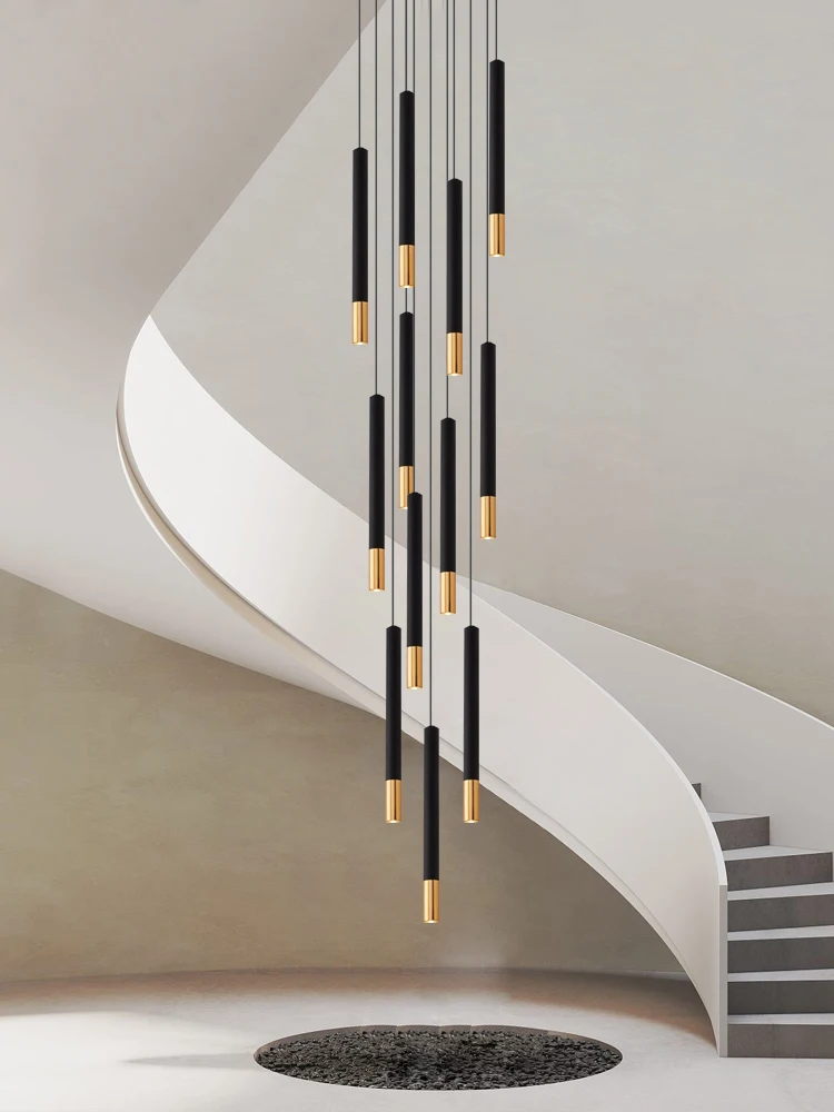 lustre cilindro preto e dourado lustre villa moderna luz mista escandinava lustre escadaria led magro designer 01