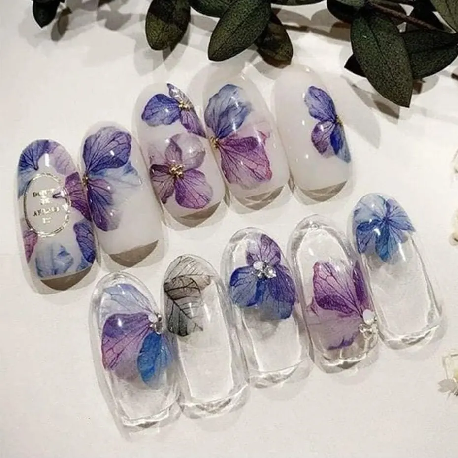 3個紫色の花花びらネイルステッカーデカールマニキュア3D接着スライダータトゥー日本の魅力ネイルアート装飾