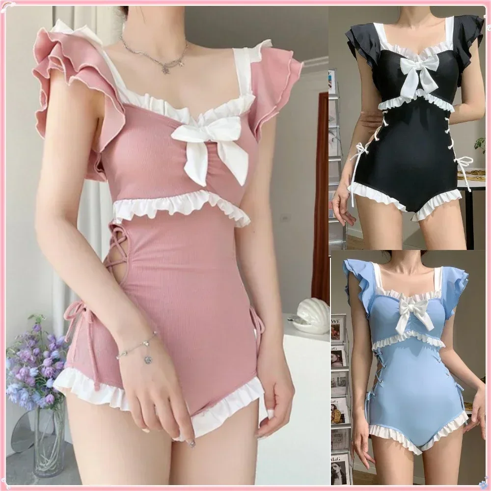 3 Colors Cute Bow Swimwear Women Lolita Conservative One Piece Swimsuit Female Bathing Suits Bodysuit Girl\'s Holiday Beach Wear