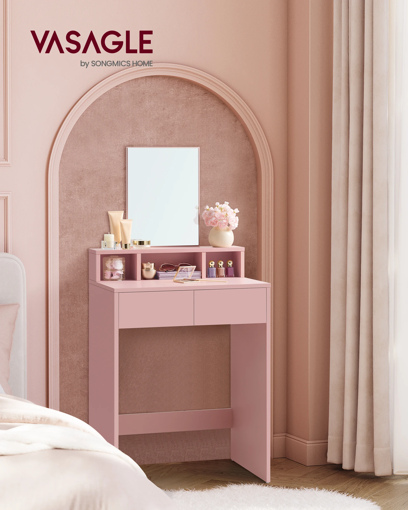 VASAGLE Dressing Table with Large Rectangular Mirror, Vanity Table with 2 Drawers and 3 Open Compartments, Vanity Table