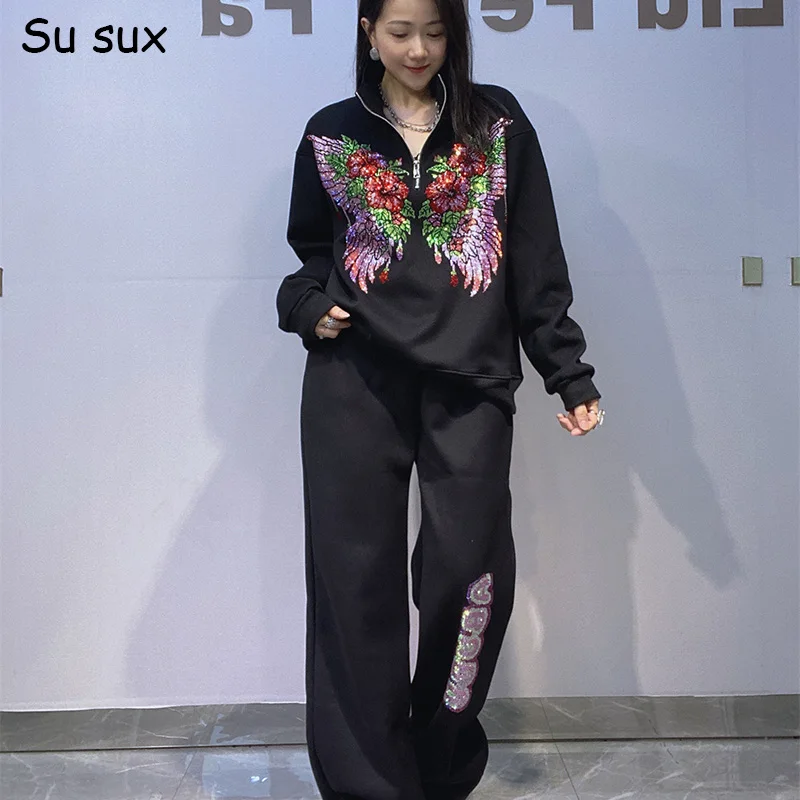 

2025 зимний флисовый пуловер на молнии с блестками и бабочкой, комплекты из 2 предметов, женская одежда, одежда Y2k, повседневные толстовки, одинаковый комплект