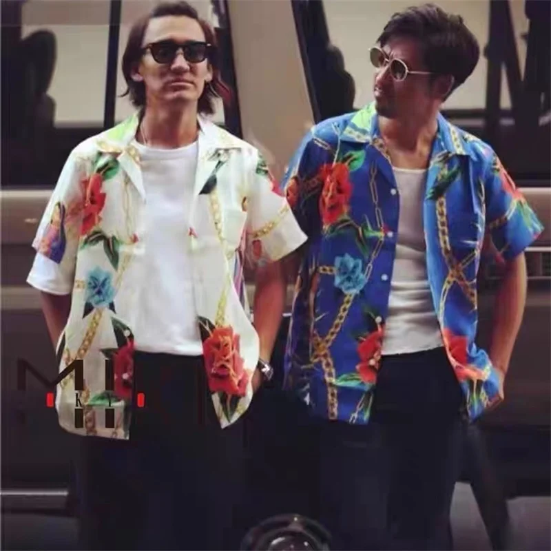 

AI Trend WACKO MARIA Flower Chain Character Hawaii Short Sleeve Shirt Loose Casual Mens Womens High-end Colorblocking Shirt Tops